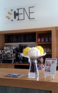 Bright yellow and white flower display on the bar at Malvern Theatre